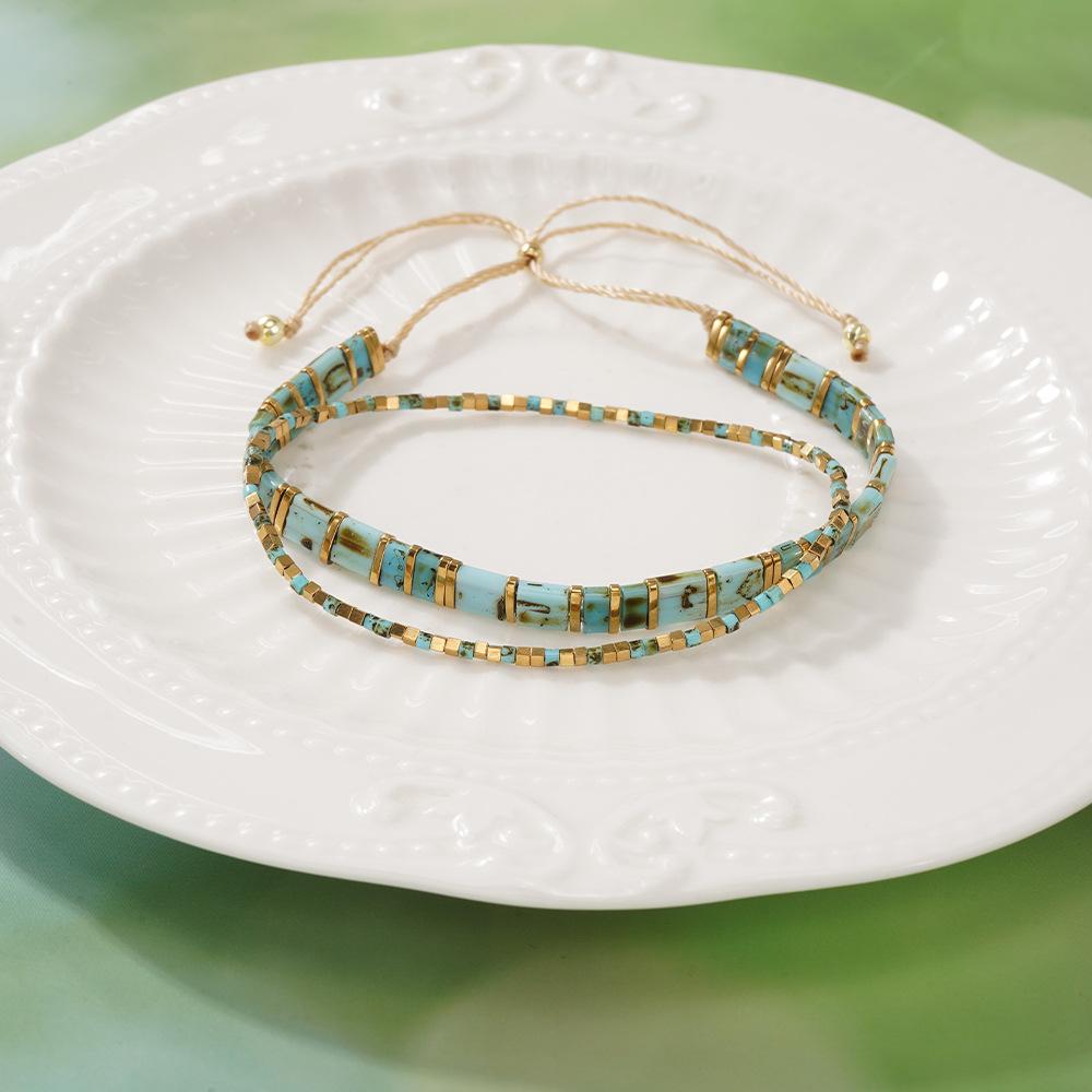 Bohemian Stacked Tila Bracelet Men's and Women's Retro Blue-Green Beaded Gold Chain Bracelet