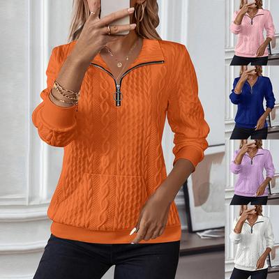 Moletom Casual Feminino de Manga Longa, Cor Sólida, Gola, Zíper e Bolso