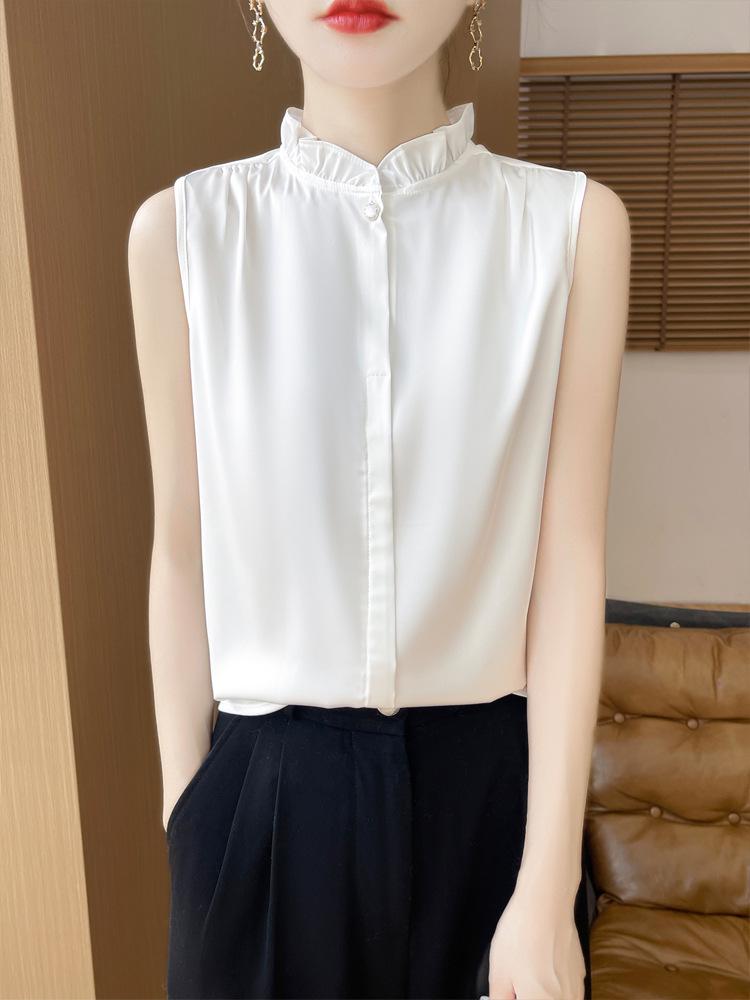 Women s Stand Collar Sleeveless Ruffle Camisole - Faux Silk, Lace-Trimmed, Satin Finish for Spring & Summer Medium