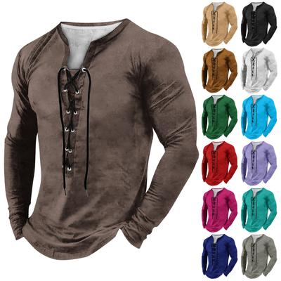Men's Outdoor Vintage Lace-up Hooded Long-sleeved T-shirt Autumn Plain Casual Top