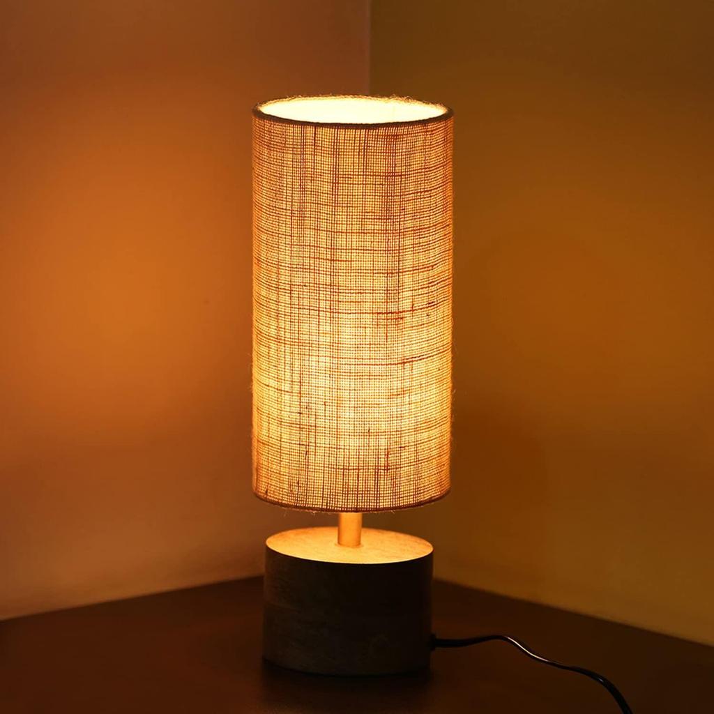 Volta' Mango Wooden Table Lamp for Bedroom (14 Inch, Linen & Wood, Without Bulb, Pack of 1) | CFL/LED Table Lamp
