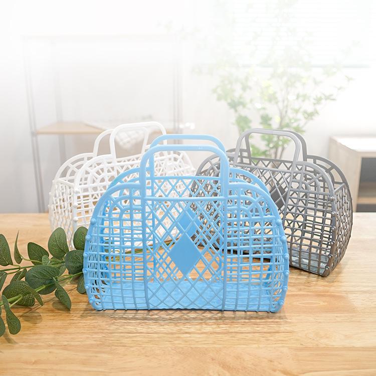 Foldable Plastic Supermarket Tote Basket - Hollow Design for Shopping, Fruits, Toys, and More.