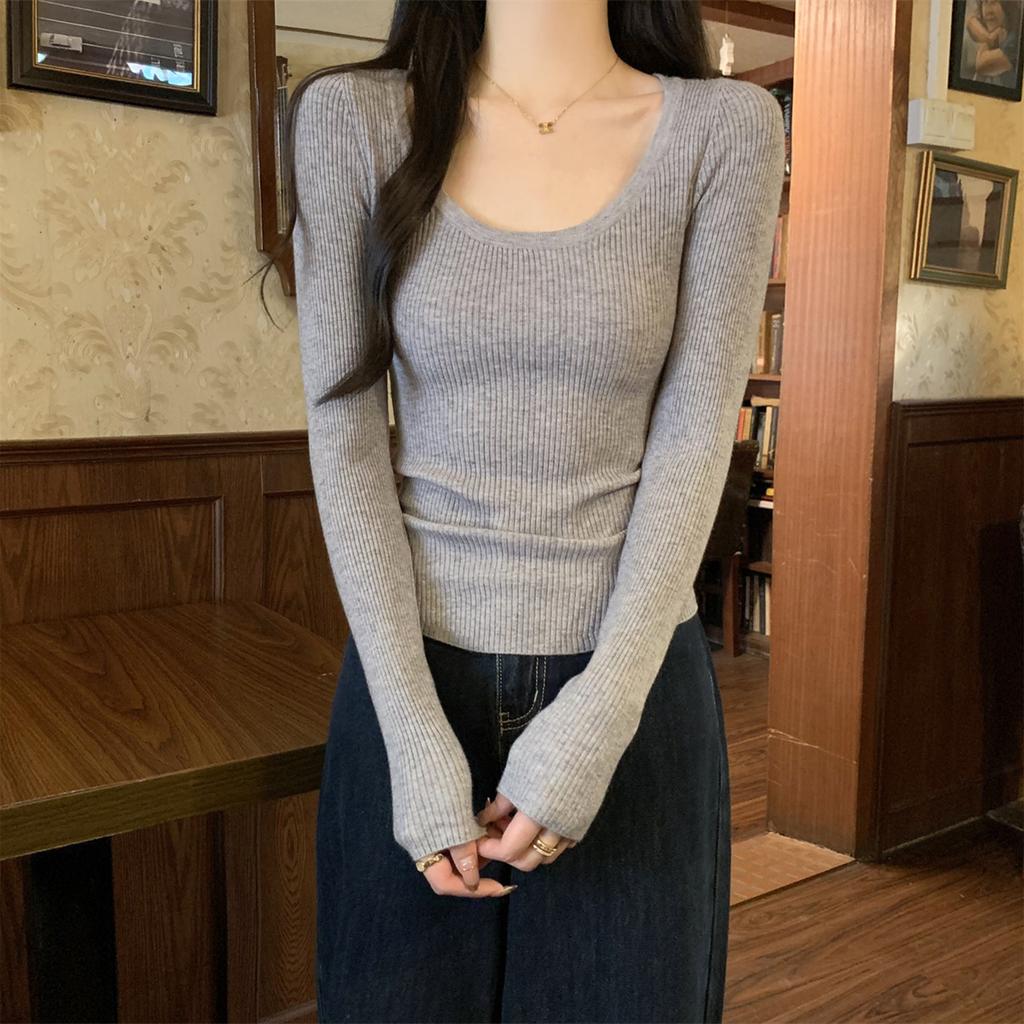 Skinny Spice Girl U-Neck Front Shoulder Knitted Bottom Shirt Women's Spring Slim Skinny Inner Top Soft Waxy Long Sleeve Sweater