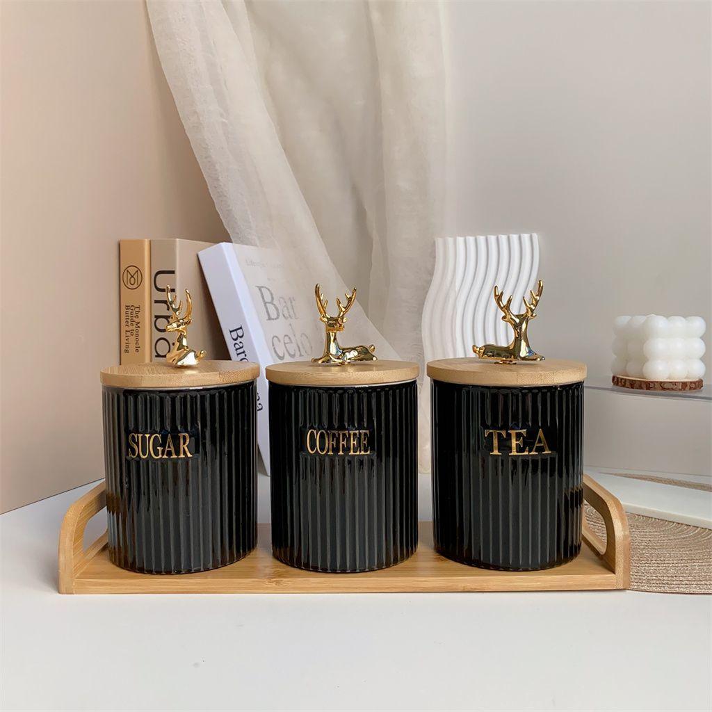 3 Piece Set European White Elk Storage Jar Set Creative Ceramic Candy Jar Home Vertical Pattern Nuts Snacks Herb Storage Bottle