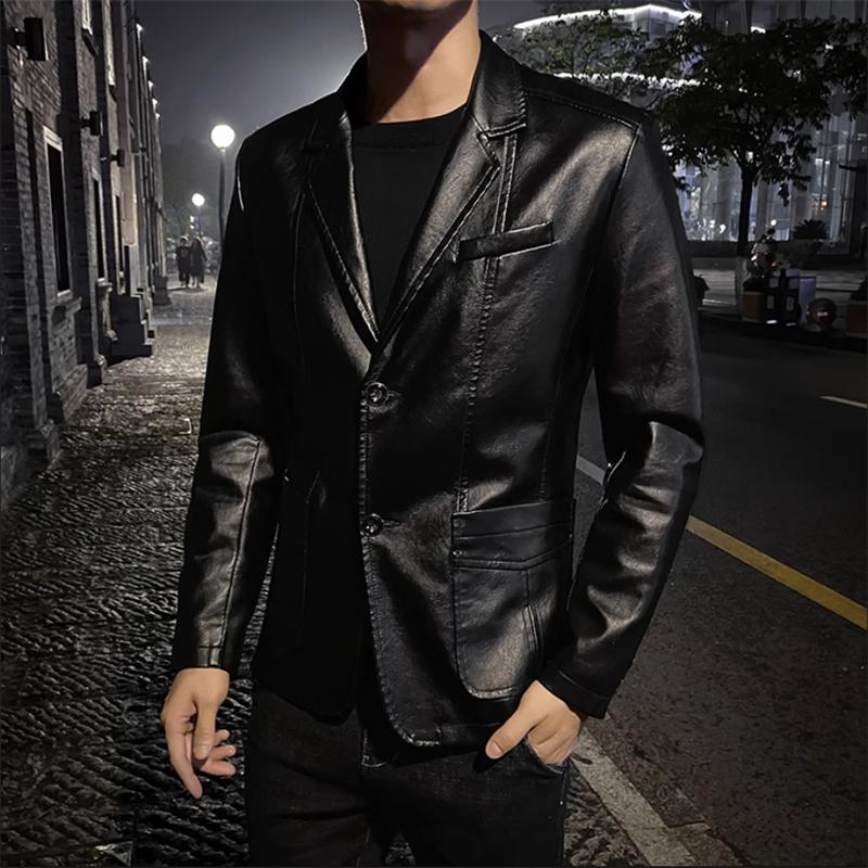 Men Business Casual Faux Leather Jacket Black / Khaki Fashion Male Suit Collar Coats