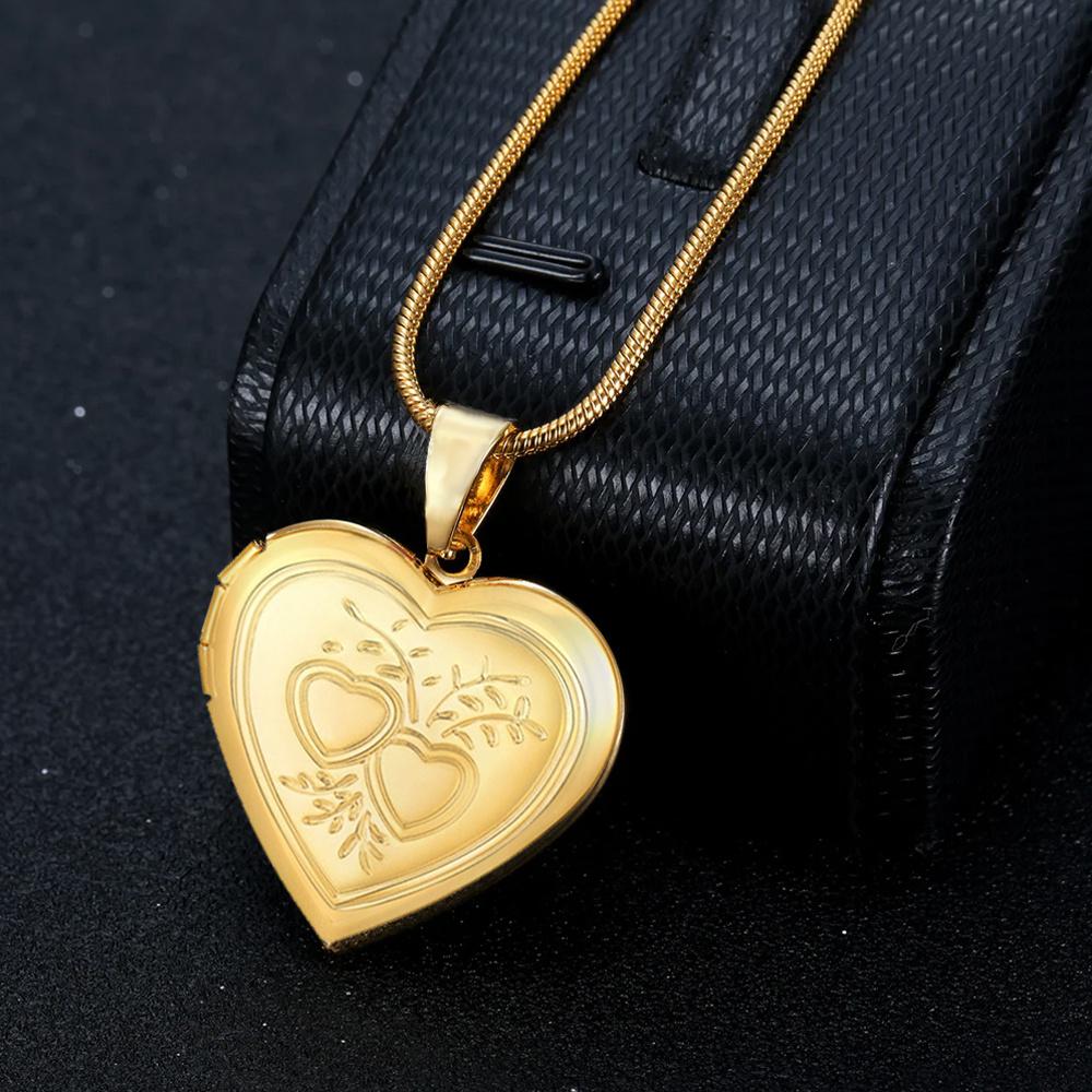 Romantic Heart Locket Photo Frame Pendant Gold Color Stainless Steel Snake Bone Chain Memorial Necklace For Women Jewelry Gift