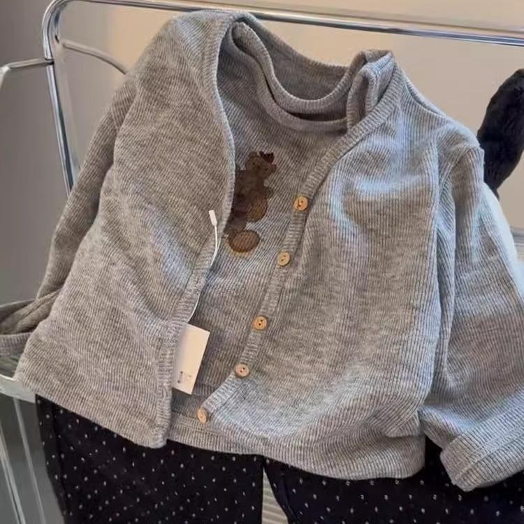 Girls' 2024 Autumn Three-Piece Set: Knitted Cardigan Vest & Polka Dot Pants