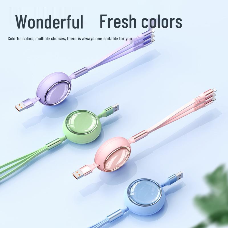 Three-in-One Retractable 6A Fast Charging Cable for Apple, Android, and Type-C Devices
