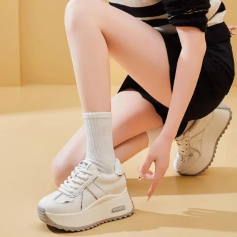 Fashion Top Quality 7CM 8.5CM Genuine Leather Spring Autumn Chunky Sneakers Breathable Casual Platform Wedge Flats Women Vulcanize Shoes