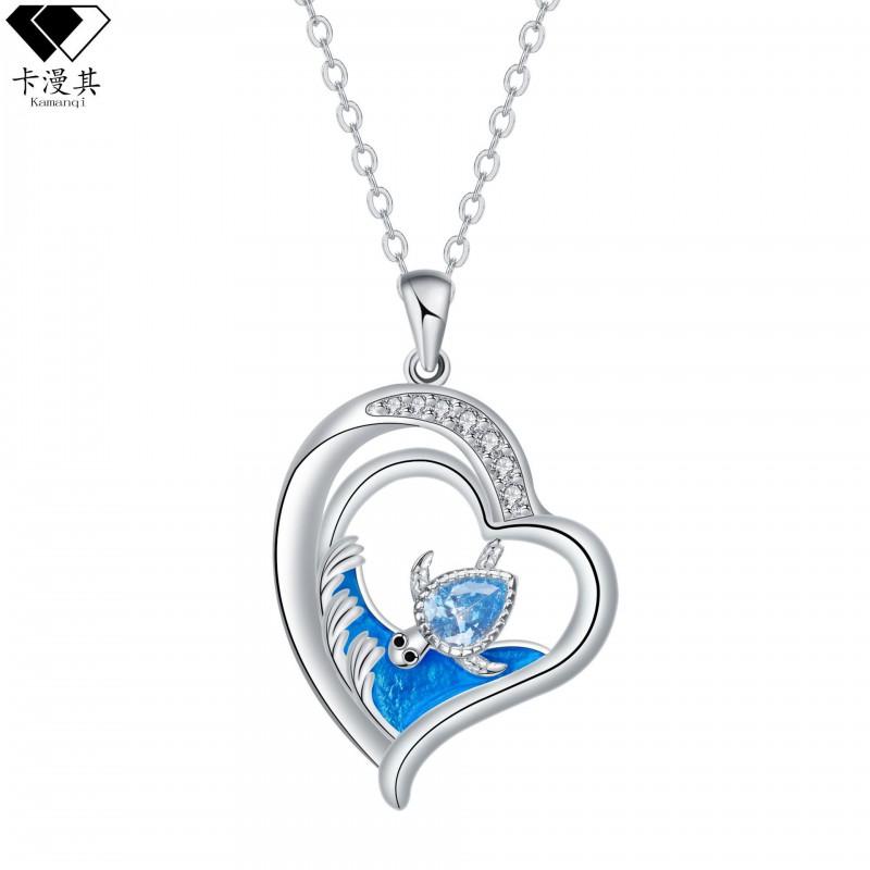 Sea Turtle Pendant Necklace Women Blue Copper Cross Chain Jewelry Fashion OL Style 41-50cm Adjustable Length Blue