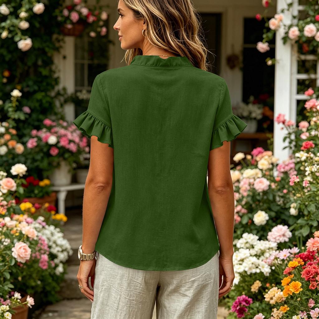 Womens Tops Cotton Linen  Short Sleeve V Neck Shirts Loose Top