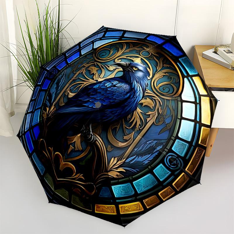 

1pc Stained Glass Raven Automatic Open/Close Umbrella - Compact Travel Umbrella with 8-Rib Durable Frame, Lightweight & Portable for Commuting, Fashio