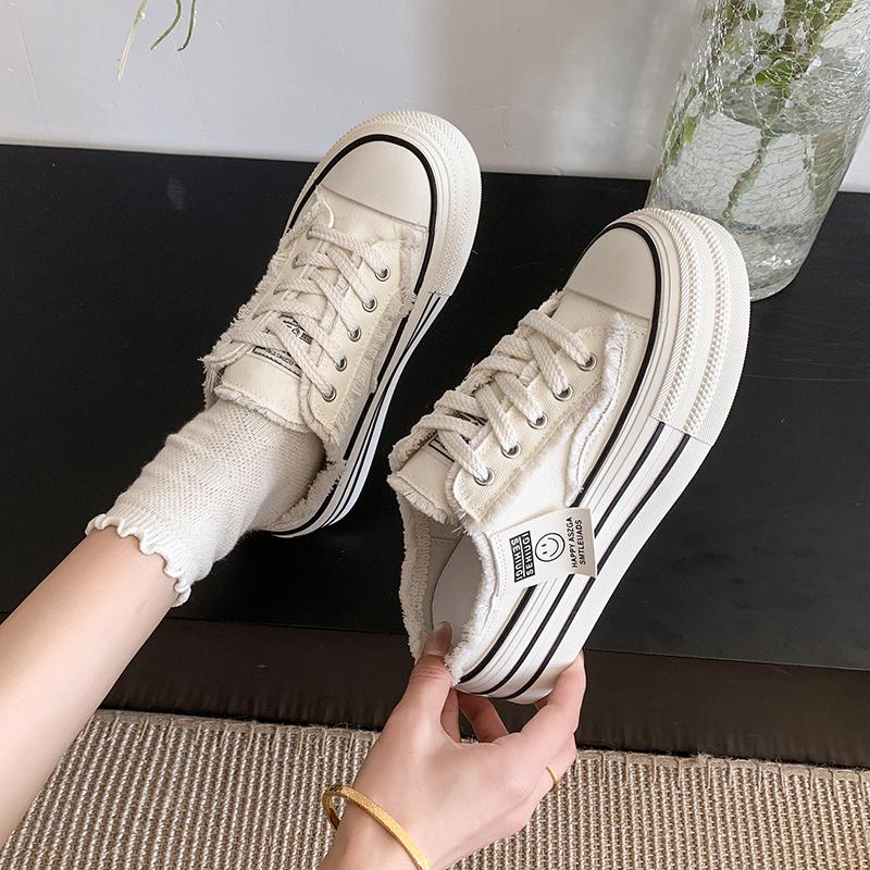 2025 Summer New Thick-sole Slippers Fashion Casual Lace-up Women's Sandals Canvas Low-top Sneakers Flat Semi-vulcanized Shoes
