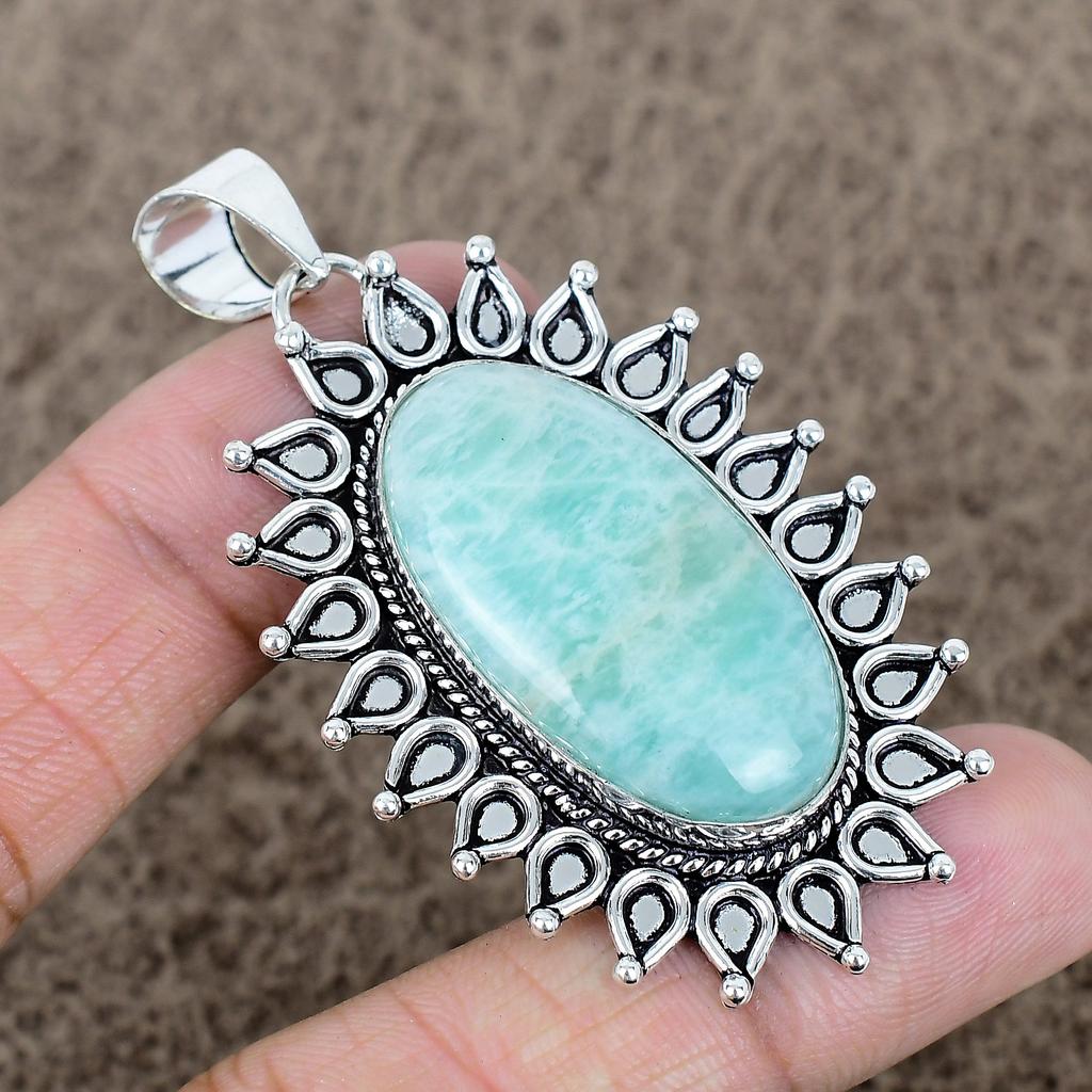 Amazonite Gemstone Handmade 925 Sterling Silver Jewelry Pendant 2.56" KKG-747