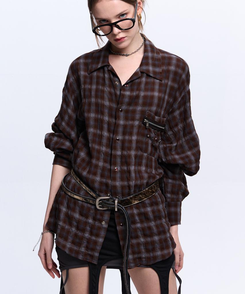 Aleseueseussi Rivet Zipper Check Shirt - Brown