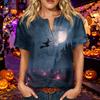Women's Halloween Print Button Down Short Sleeve Cotton Linen Shirt with Chest Pocket