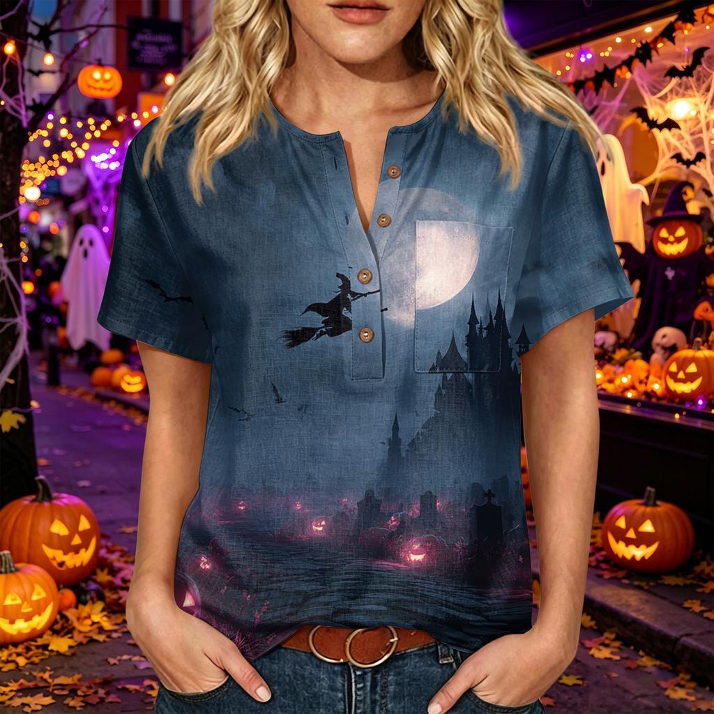 Women's Halloween Print Button Down Short Sleeve Cotton Linen Shirt with Chest Pocket