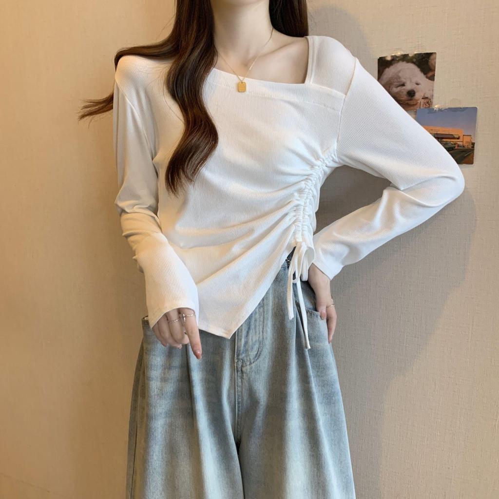 Damen Übergröße Langarm Oberteil mit quadratischem Ausschnitt und Raffungen - Schlankmachender koreanischer Stil Herbstmode