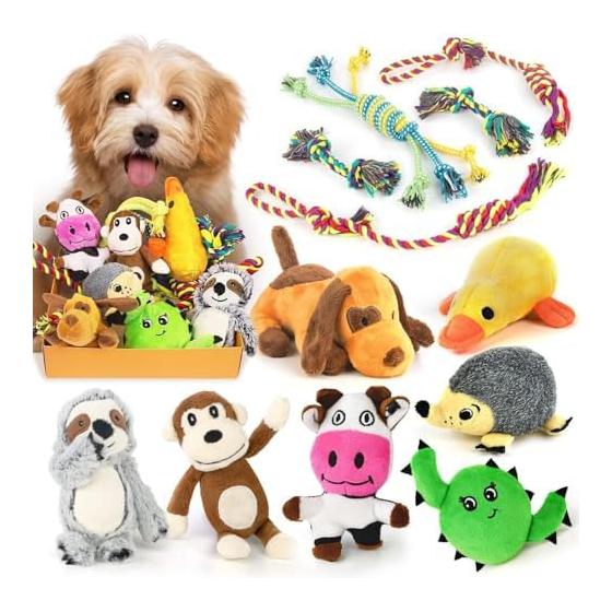 Dog rattle toy, 12 pcs teething puppy toy, cute dog toy plush dog set with natural cotton puppy loca toy dog squirrel toy dog dog dog dog dog dog