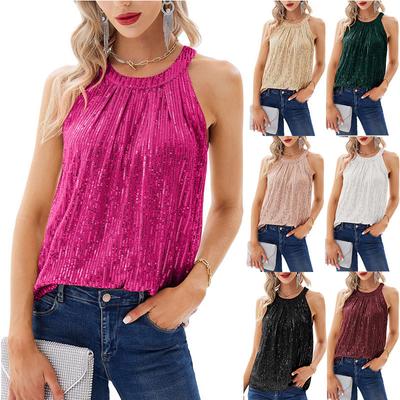 Neu Damen Sommer Einfarbig Hals Hängen Glitter Micro Elastischen Riemen Glitter Tank Top