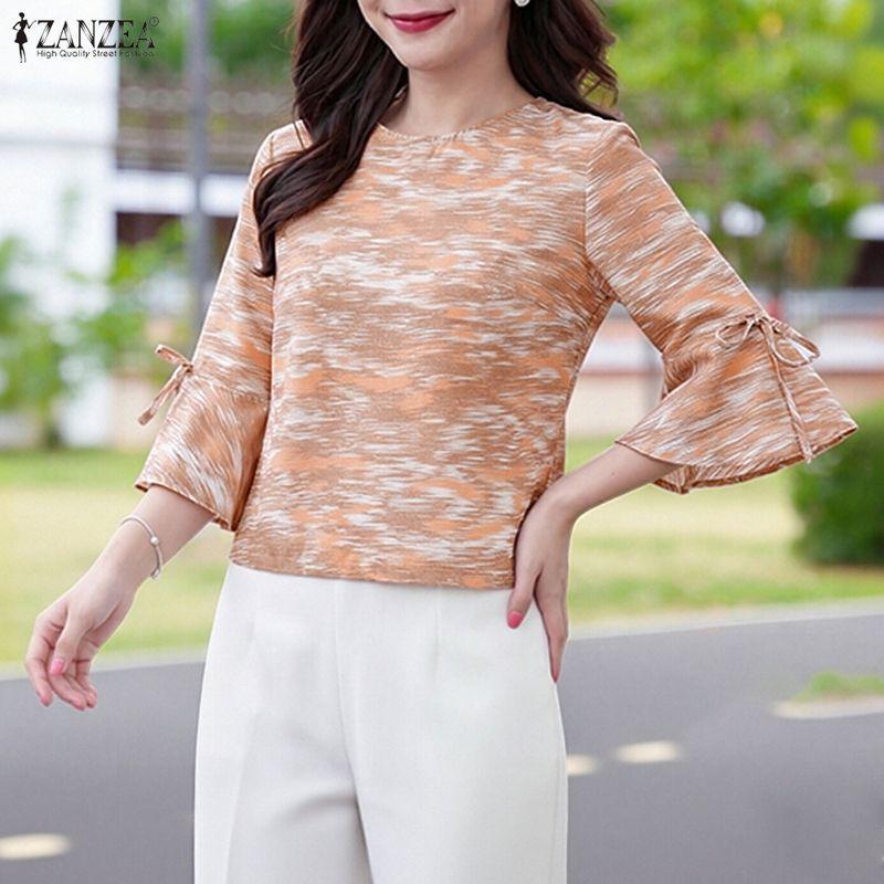 ZANZEA Women Casual Round Neck Flare Sleeve Loose Print Blouse