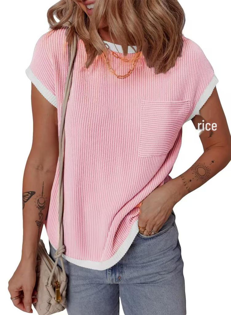 Women's Ribbed Knit Short-Sleeve T-Shirt - Casual Spring/Summer Top