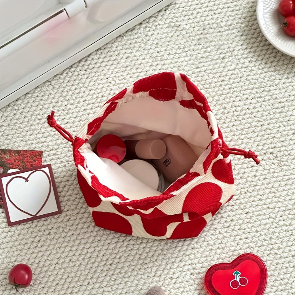 1 pièce Sac à Maquillage Chic Rouge et Blanc à Imprimé Cœur et Cordon de Serrage - Organisateur Compact pour Soins de la Peau, Rouge à Lèvres, Accessoires de Téléphone