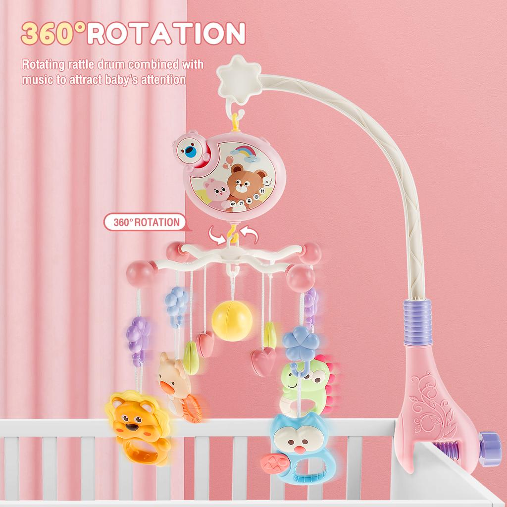 Baby Crib Mobile with Music and Light Cute Crib Mobile Toys with Remote Control 360° Rotation Baby Musical Crib Mobile