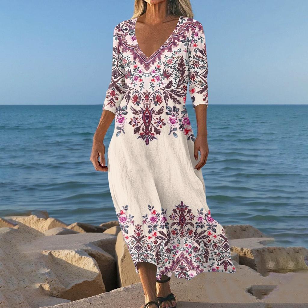 Abiti Da Donna Tunichetta Stampa Vintage Con Cintura Abito Midi Estivo Casual Manica 3/4