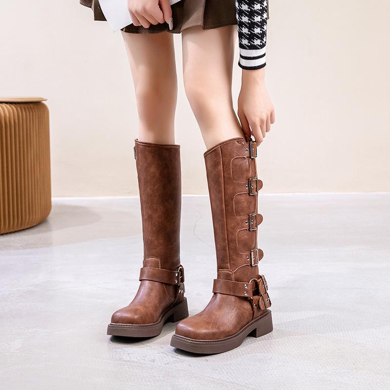 Women's Vintage Brown Genuine Leather Over-the-Knee Knight & Cowboy Boots