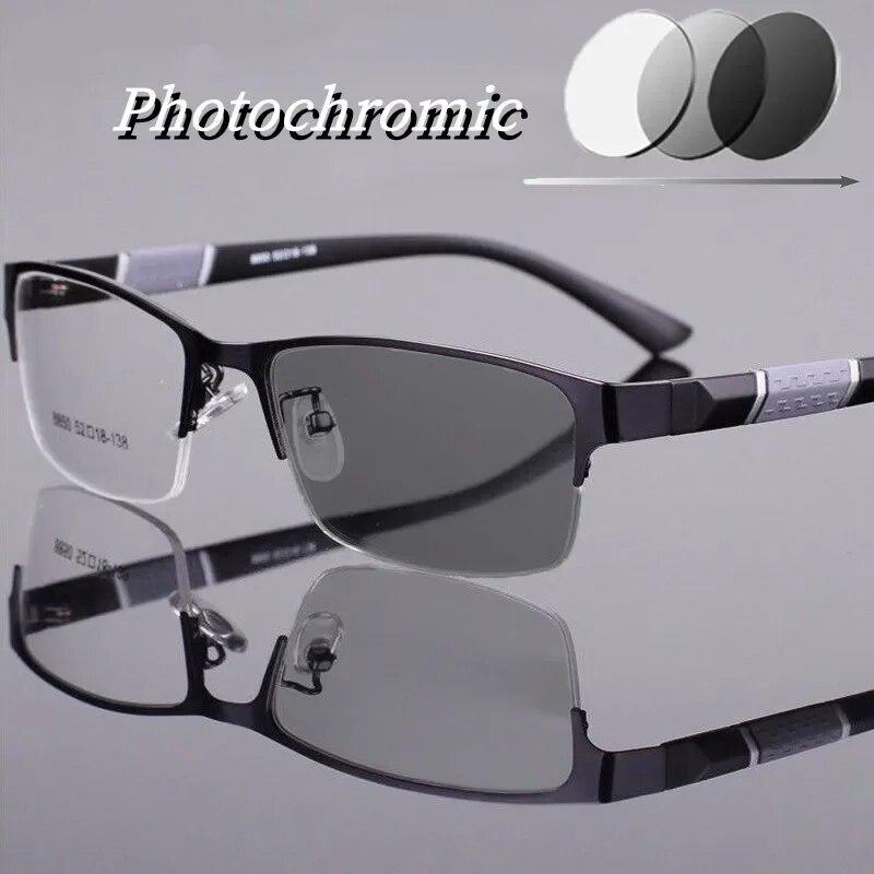 Photochrome Myopiebrille für Herren, Vintage, Business, Halbrahmen, Minussichtbrille, männlich, Outdoor, Farbwechsel-Sonnenbrille, 0 bis 4,0