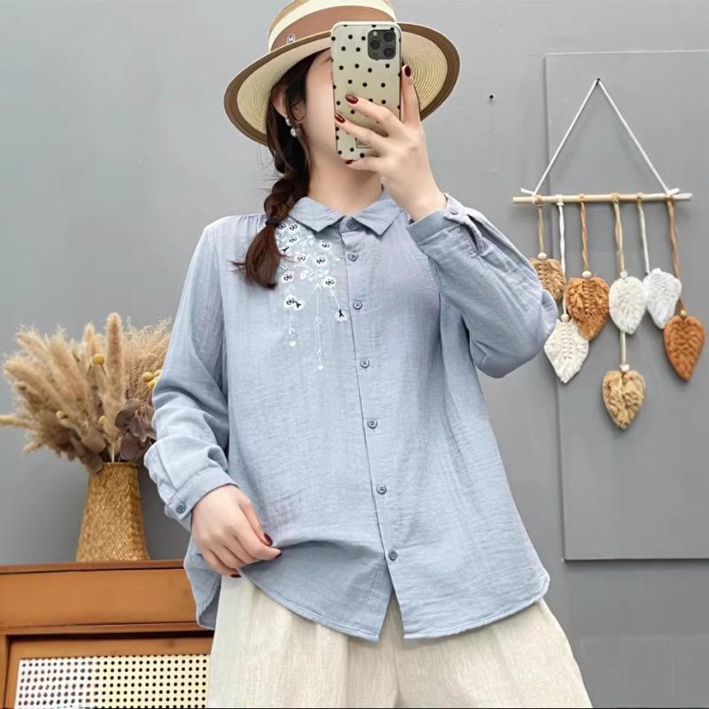 Spring 2026 Women's Embroidered Double Gauze Long Sleeve Casual Shirt with Lapel
