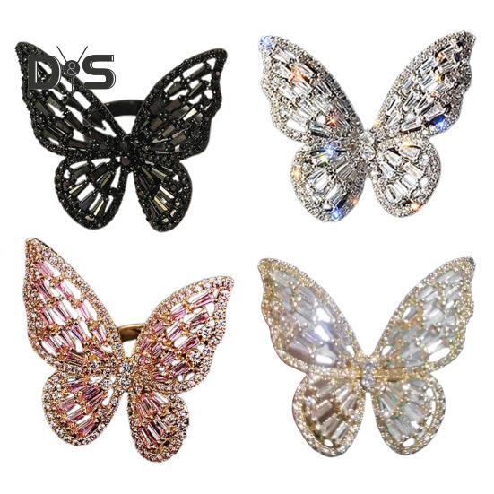 Pierścionek damski Hollow Out Butterfly Shape Rhinestone Alloy Regulowany pierścień otwierający Bankiet Party Wedding Jewelry