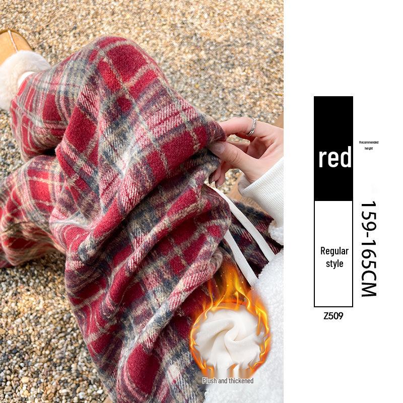 Women's Plaid Velvet-Lined Wide-Leg Pants - Autumn/Winter 2025 Retro Style