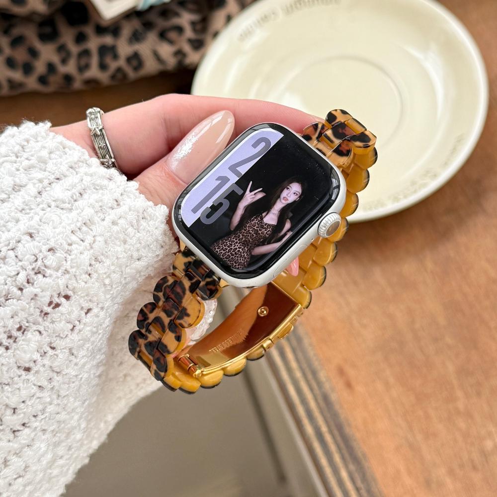 Luxury Leopard Print Resin Metal Strap For Apple Watch Ultra3 Band 49mm Slim Strap for iWatch Series 11 10 9 8 SE3 38/40/41/42/44/45/46 Woman Bracelet