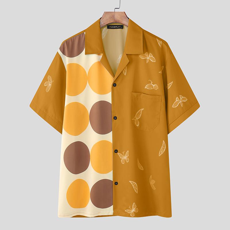 INCERUN Oversized Men Lapel Neck Short Sleeve Polka Dots Print Buttons Casual Loose Shirts Tops