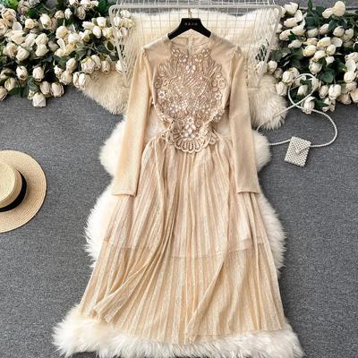 New Fashion French Elegant Lace Flower Embroidery Vintage Party Dress Women's Long Sleeve Zipper Hollow Out Midi Pleated Robe