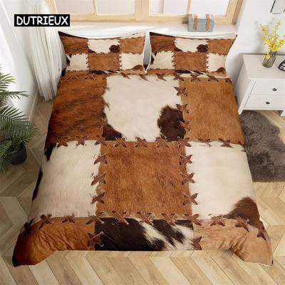 Hnědý povlak na přikrývku z hovězí kůže patchwork hovězí srst hospodářské zvíře ložní souprava westernový statek retro styl povlak na přikrývku pro výzdobu ložnice