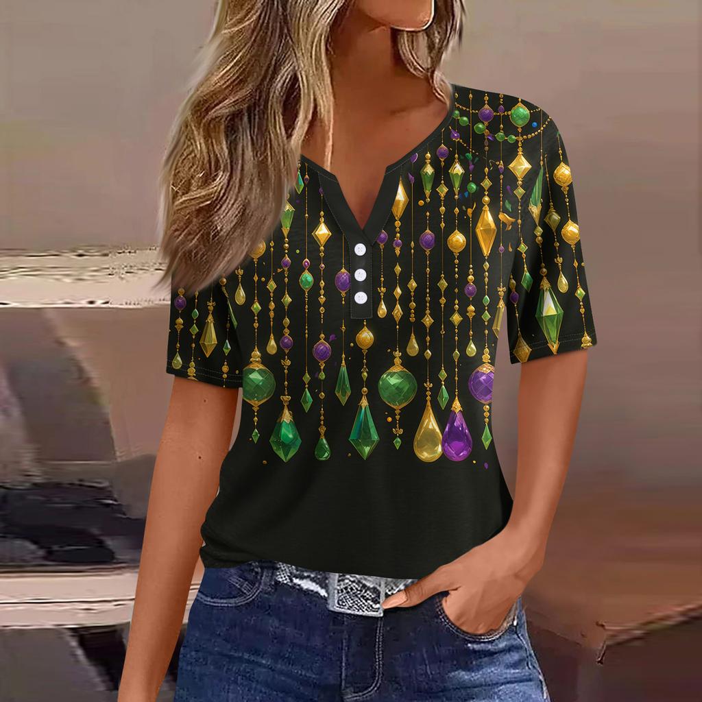 Damen-T-Shirt, T-Shirt, bedruckt, Knopfleiste, kurzärmelig, für den Alltag, Wochenende, modisch, Basic, V-Ausschnitt, normales Oberteil