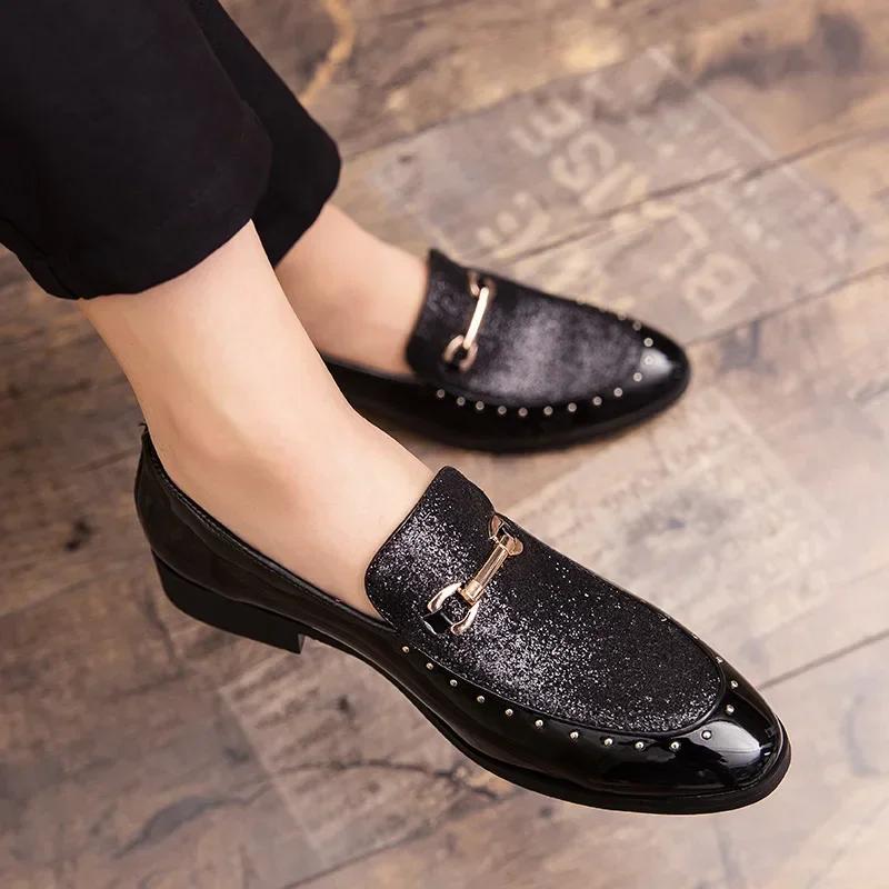 Shiny Leather Shoes for Men Platform Dress Shoes Slip On Men Loafers Party Designer Wedding Footwear Para Hombres