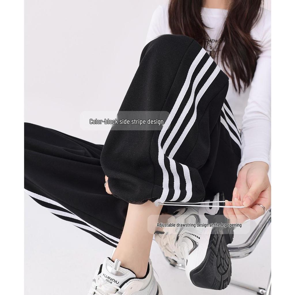 2025 Women's White-Gray Striped Wide-Leg Sweatpants: Spring/Autumn Casual Loose Fit Joggers