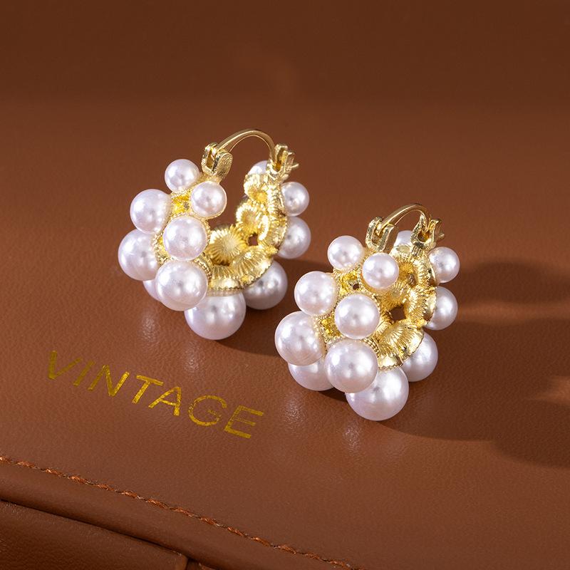 Ретро Легкая Роскошь Двухрядная Жемчужная Серьга-Зажим Французский Легкий Люкс Нишевый Дизайн Высококачественные Серьги Уникальные Круглые Серьги