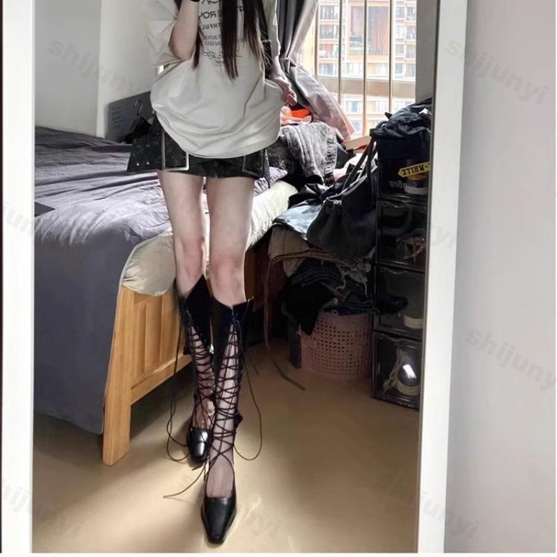 2026 New Fashion Female Breathable Hollowed Out Mesh Boots Leather High Knight Boots Knee High Heels Show Thin Long Boots