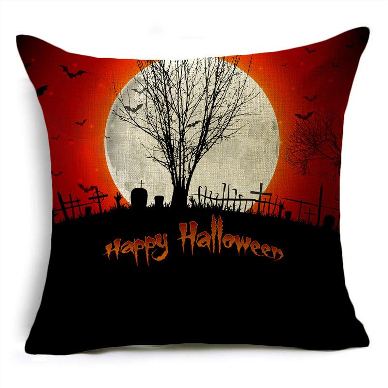 Red Halloween Night Moon Graveyard Bat Scarecrow Linen Throw Pillowcase Decorative Cushion Cover For Sofa Living Room Party