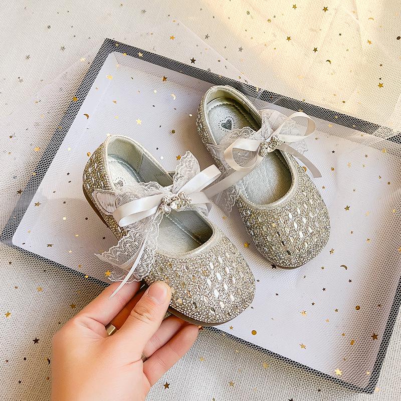 Girls Silver Glitter Rhinestone Bow Mary Jane Flats 23 серебряный