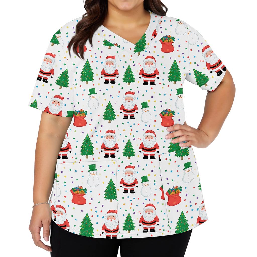 Women's V-Neck Short Sleeve Work Blouse with Pockets and Side Slits Christmas Print