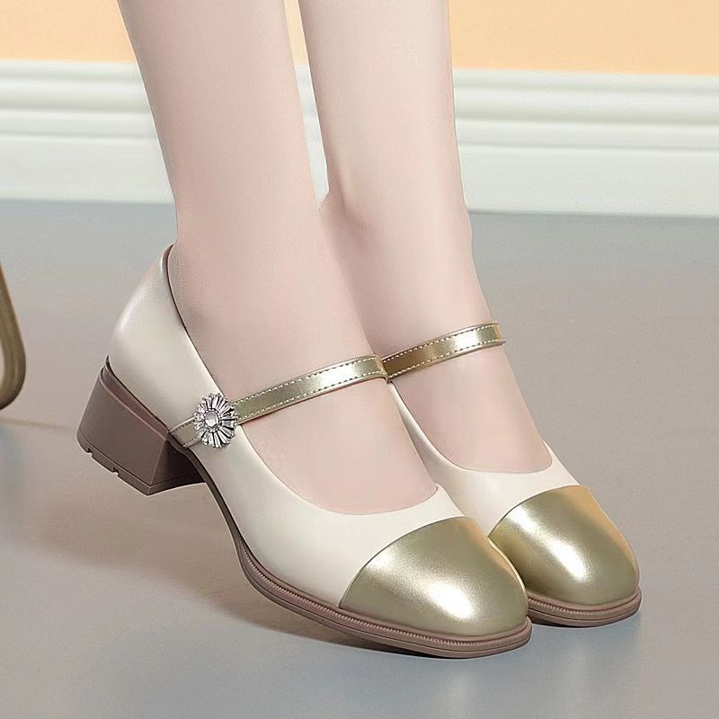 

Square-toe, Low-cut, Single-strap Mary Jane Shoes, Trendy, Slimming, Height-enhancing Leather Shoes with Floral Rhinestones 35