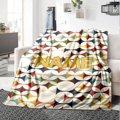 Colorful Geometric Pattern With Name Text Cozy Personalized Blanket Customize Text Comfortable Texture Throw For Sofa Couch Office Bed Picnics Four