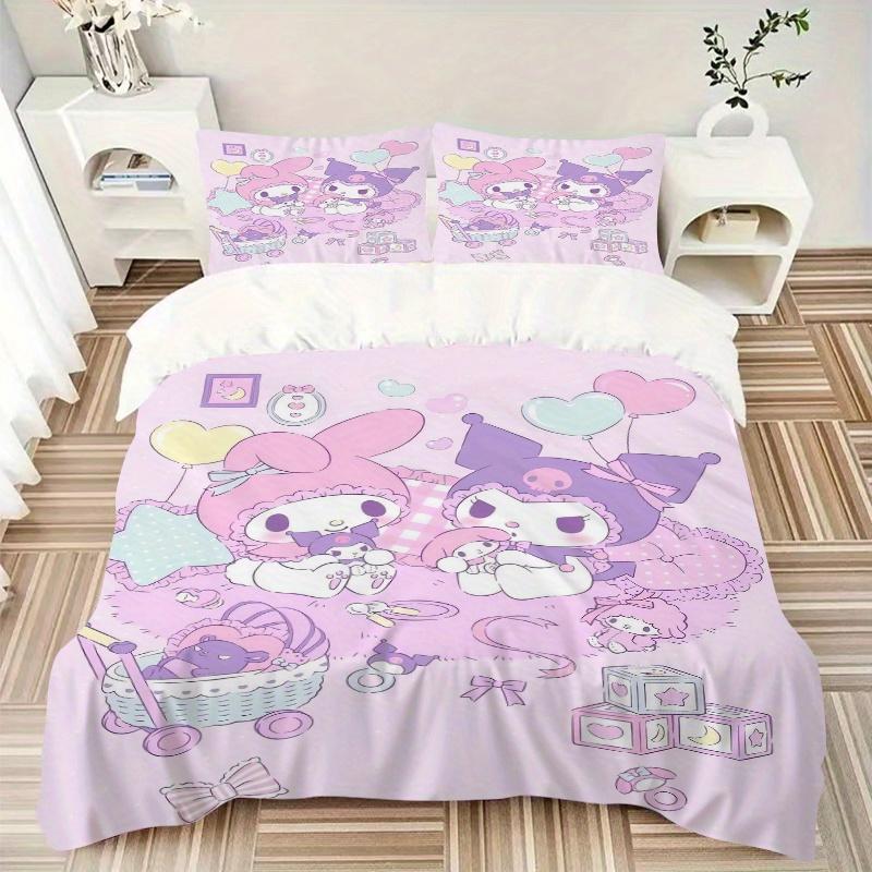 3pcs Casual My Melody & Kuromi Bedding Set - 1 Soft Quilt Cover + 2 Pillowcases, Machine Washable - Suitable for All Seasons, Perfect Gift F