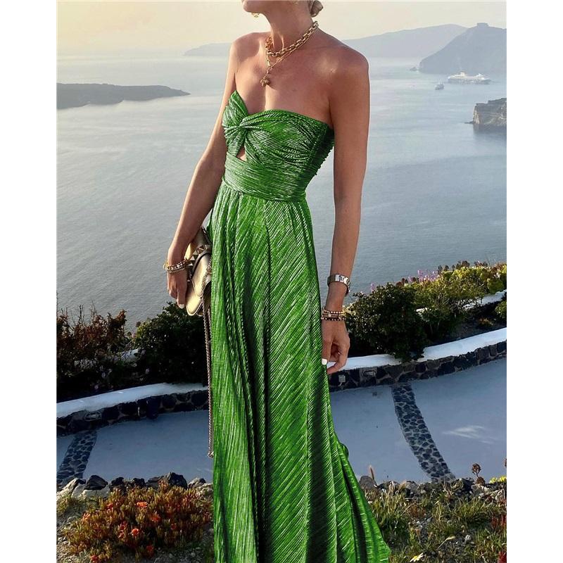 Ladies Summer New Sexy Chest Wrapped Bronzing Party Dress Solid Color Elegant Casual Big Swing Decoration Design Long Skirt
